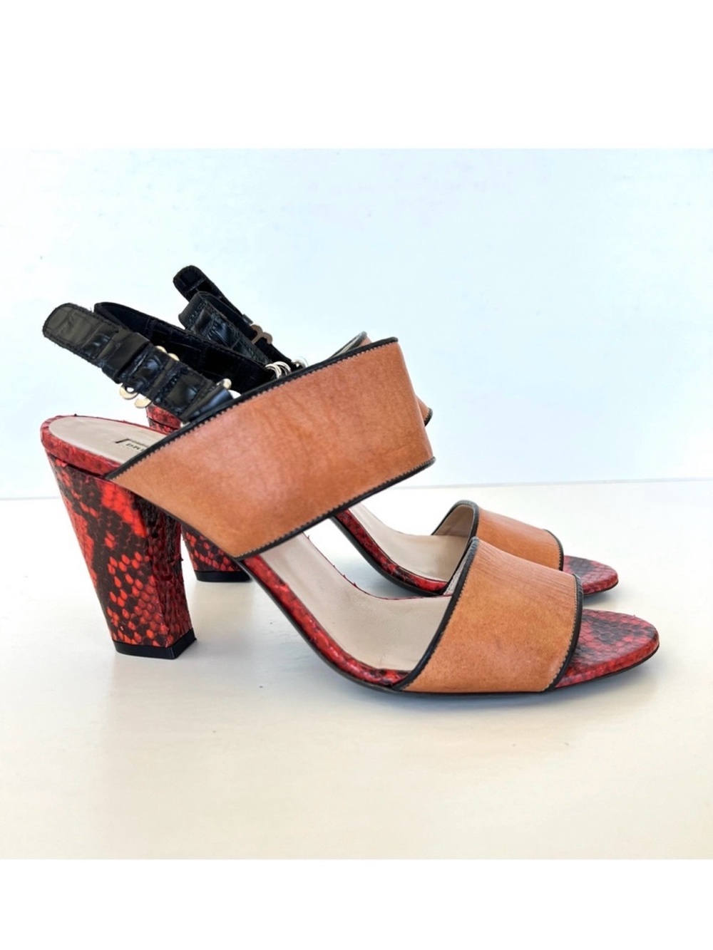 DRIES VAN NOTEN Tan w Python Leather Ankle Strap Open Toe Heels Sandals Sz 8